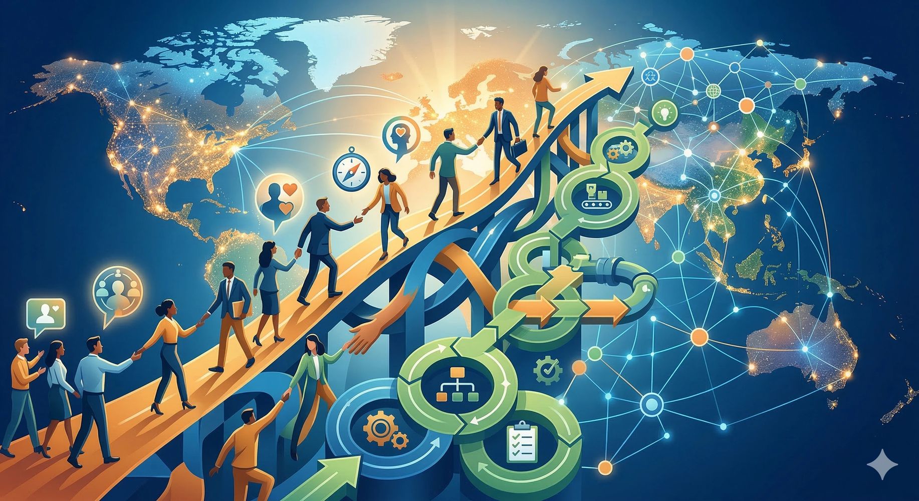 Businesspeople collaborating and climbing an upward arrow over a global network map depicting change and transformation.