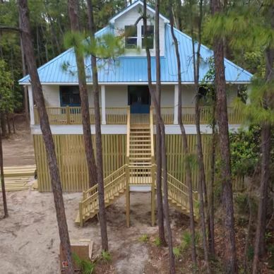 Blue-roofed house elevated on stilts in a forested area.