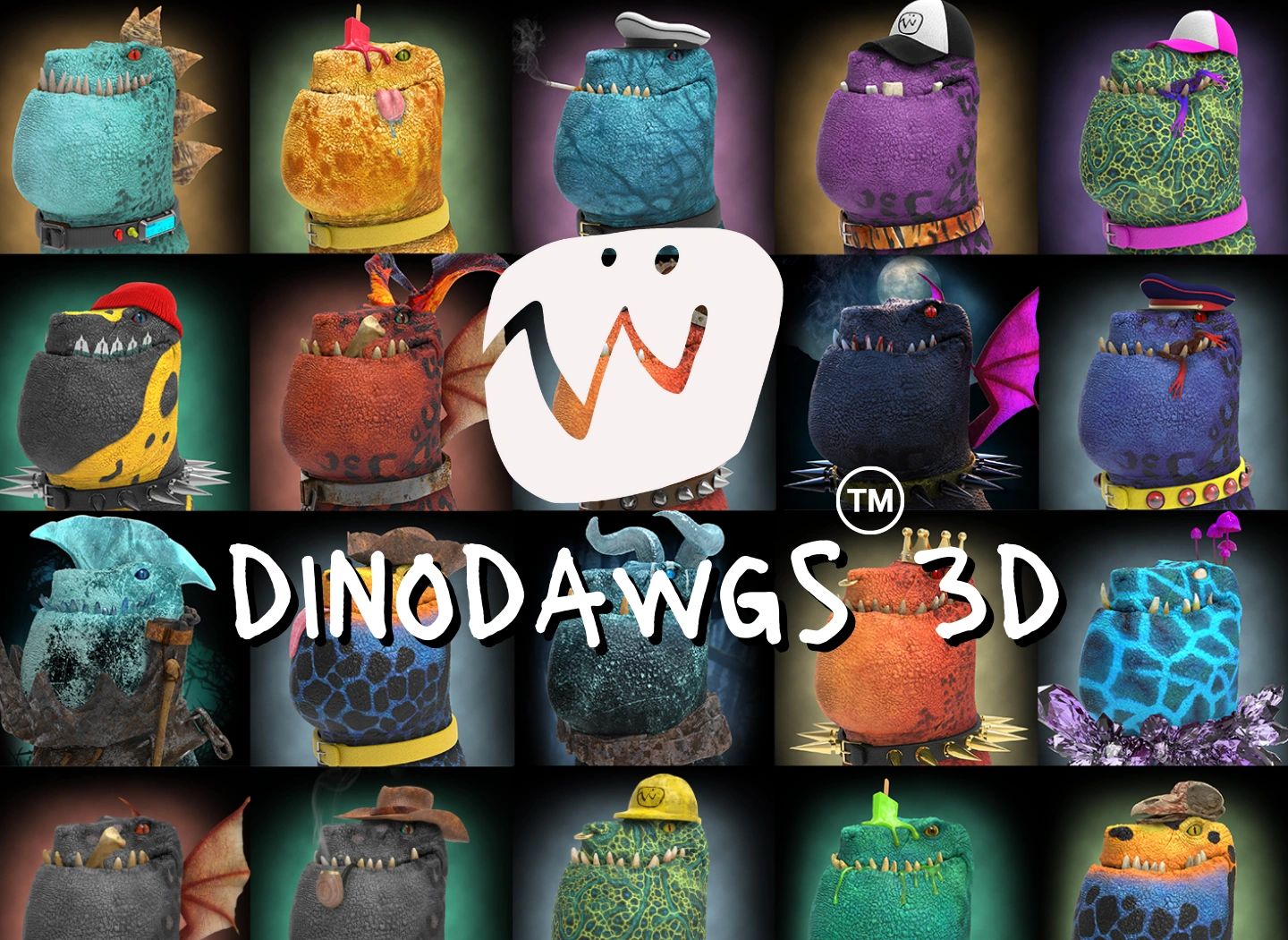 3D animated dinosaur characters with various designs and accessories.