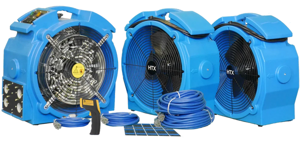 Three blue industrial fans with cables and a handheld device.