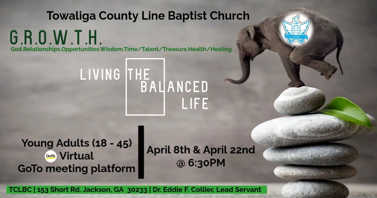 Elephant balancing on stones with church event details for young adults on April 8th and 22nd virtually.