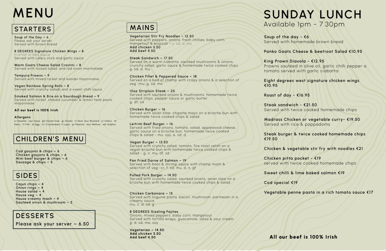 Menu featuring starters, mains, sides, children's options, desserts, and Sunday lunch specials.