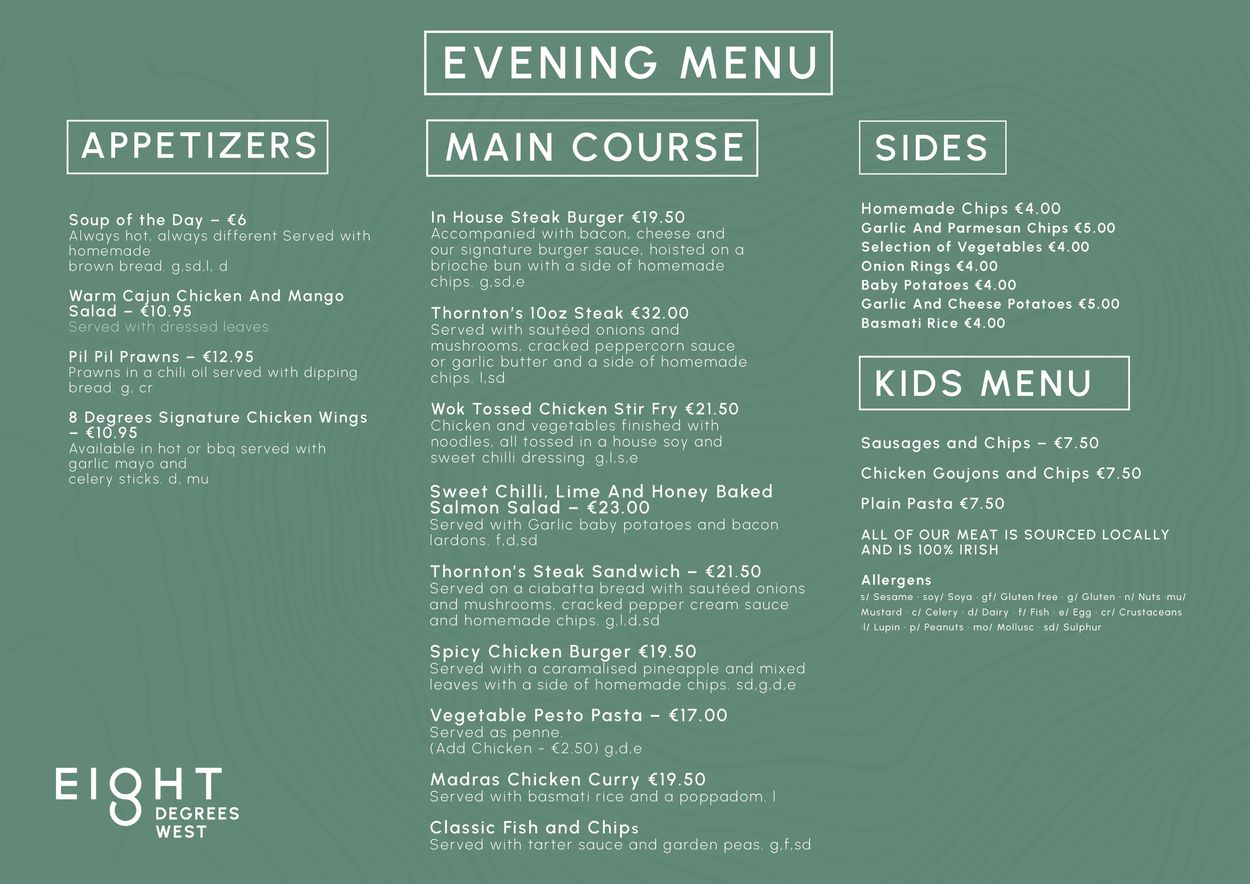 Evening menu with appetizers, main courses, sides, and kids menu from Eight Degrees West.