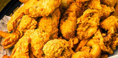 Close-up of crispy fried chicken pieces.