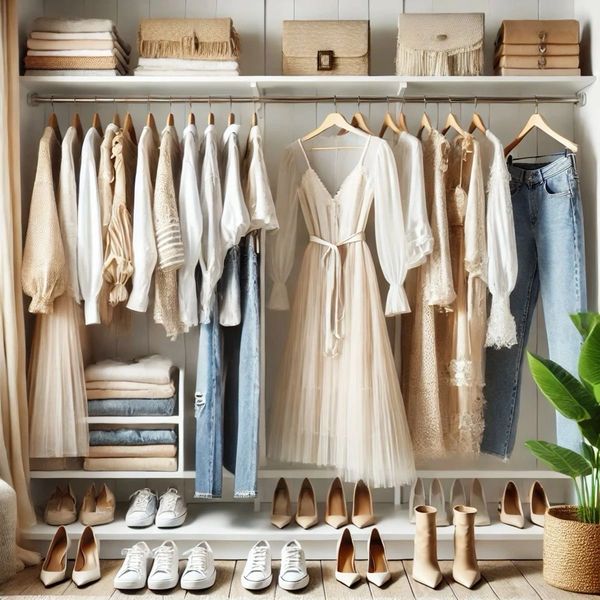 Clothes hanging in a wardrobe 