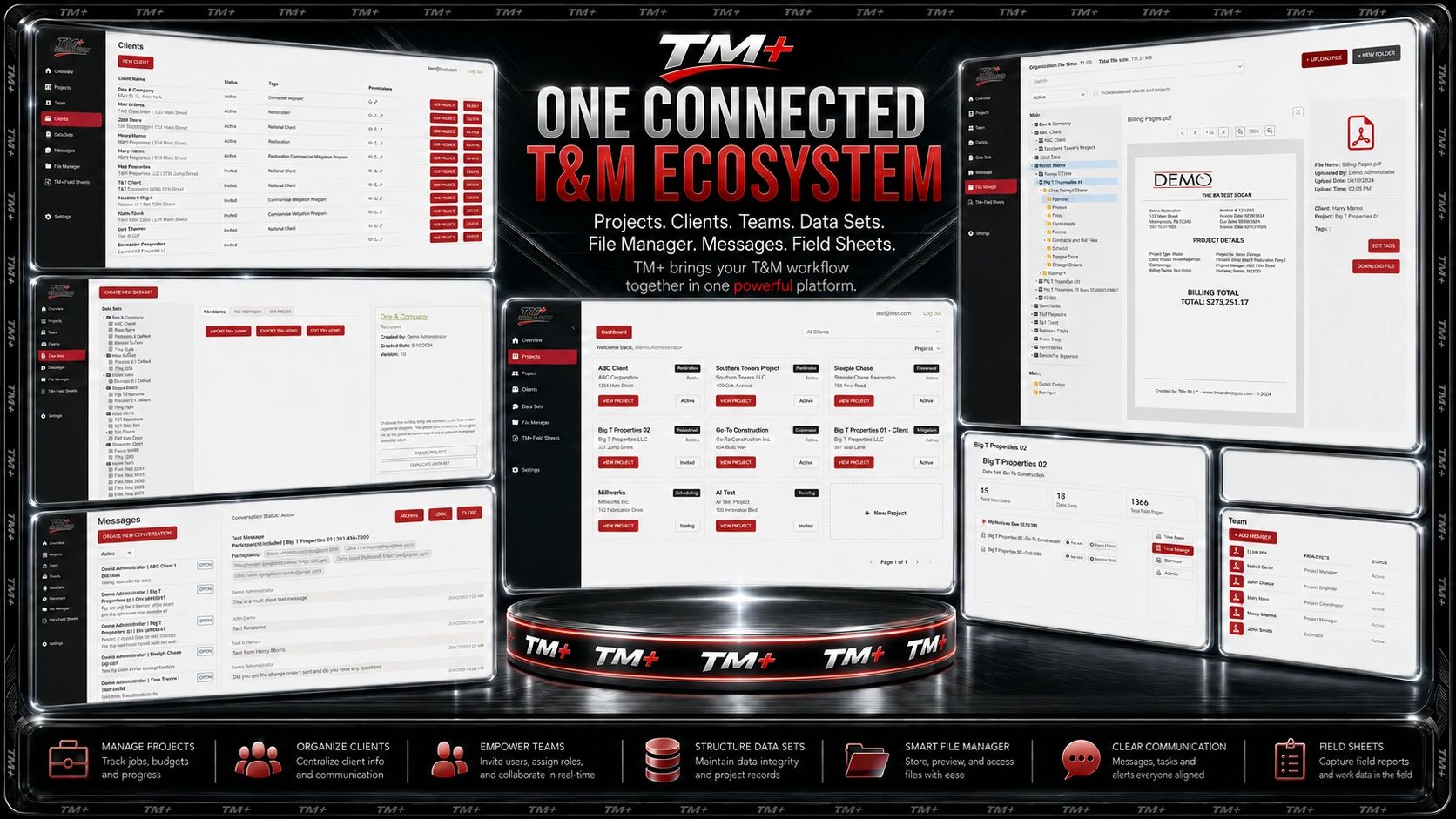 TM+ platform showcasing integrated project and client management time and materials software.