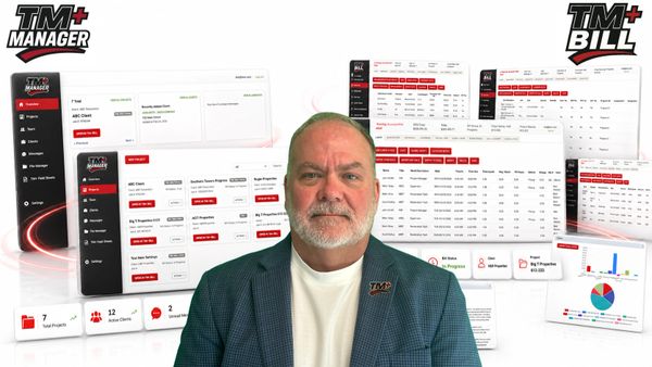 A man stands confidently in front of TM+ Manager and TM+ Bill software interfaces.