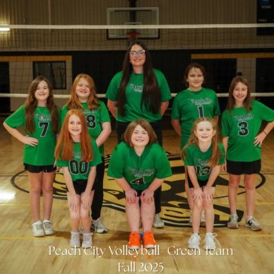 Youth volleyball team posing in gym wearing green jerseys.