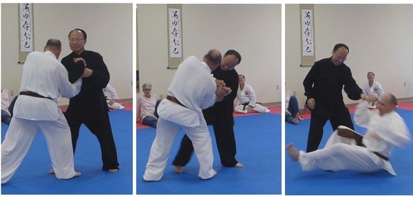 Master Ling teaches taiji (tai chi) push hands, qin na (seizing & controlling) and take-downs.  Taiji practitioners engaged in martial arts sparring in Chinese school.