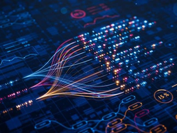 Digital data streams converging into a hand-shaped pattern on a futuristic interface.