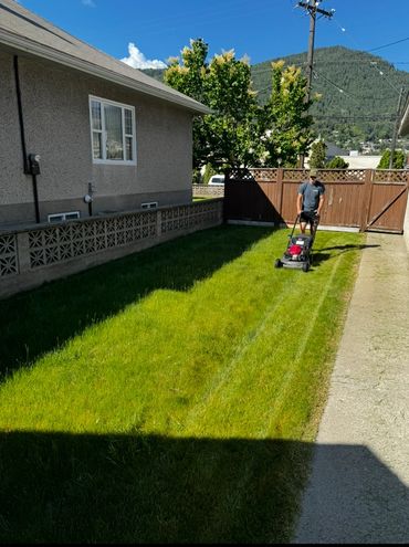 Homeowner cutting grass with lawn mower in garden