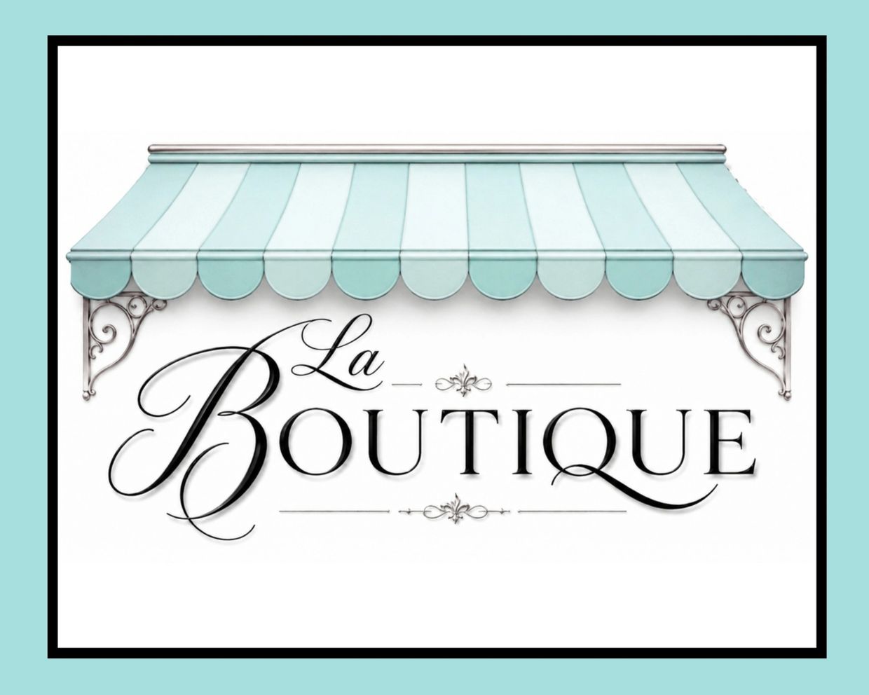 Elegant boutique sign with pastel blue striped awning and ornate details.
