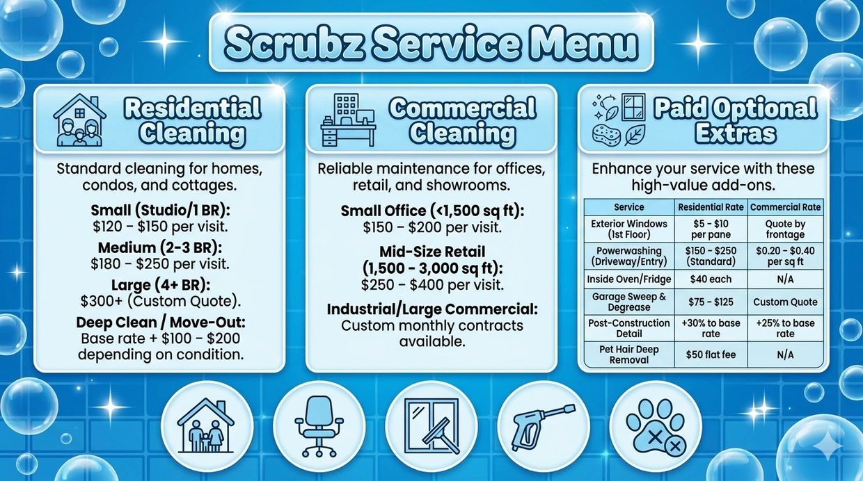 Scrubz Service Menu offers residential and commercial cleaning with optional extras.