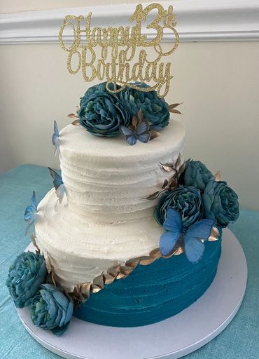 10” 2 layer and 6” 2 layer Elegant two-tier birthday cake with teal flowers and butterflies.