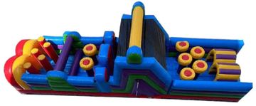 Colorful inflatable obstacle course with various climbing and crawling sections.