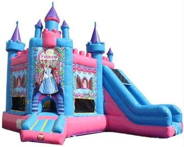 Inflatable princess-themed bounce house with slide in blue and pink.