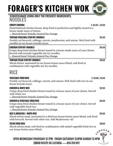 Forager's Kitchen Wok menu with noodles and rice dishes.
