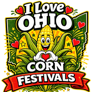 Colorful design expressing love for Ohio corn festivals with a happy corn character.