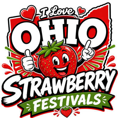 Colorful logo for Ohio Strawberry Festivals with a happy strawberry mascot.