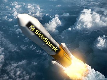 A rocket with "SideSpeak" logo launching into the sky above clouds.