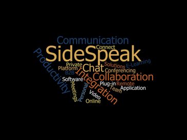 Word cloud with 'SideSpeak' and collaboration-themed words.
