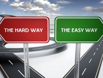 Two road signs point to 'The Hard Way' and 'The Easy Way' on diverging roads.