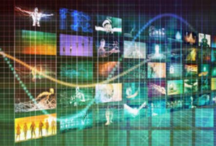 A digital wall displaying various multimedia content in a futuristic grid layout.