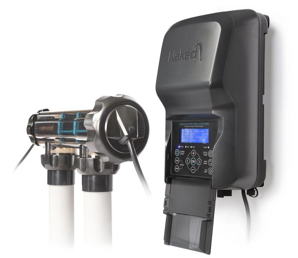 Saltwater chlorinator system with control panel and cell unit.