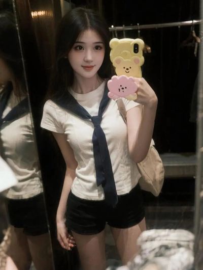Young woman taking a mirror selfie with cute bear-themed phone case.