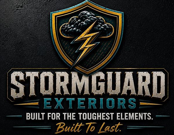 Stormguard Exteriors logo with a storm cloud and lightning bolt.