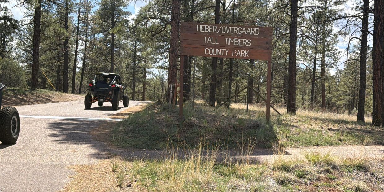 Sign for Heber/Overgaard Tall Timbers County Park in a forested area.