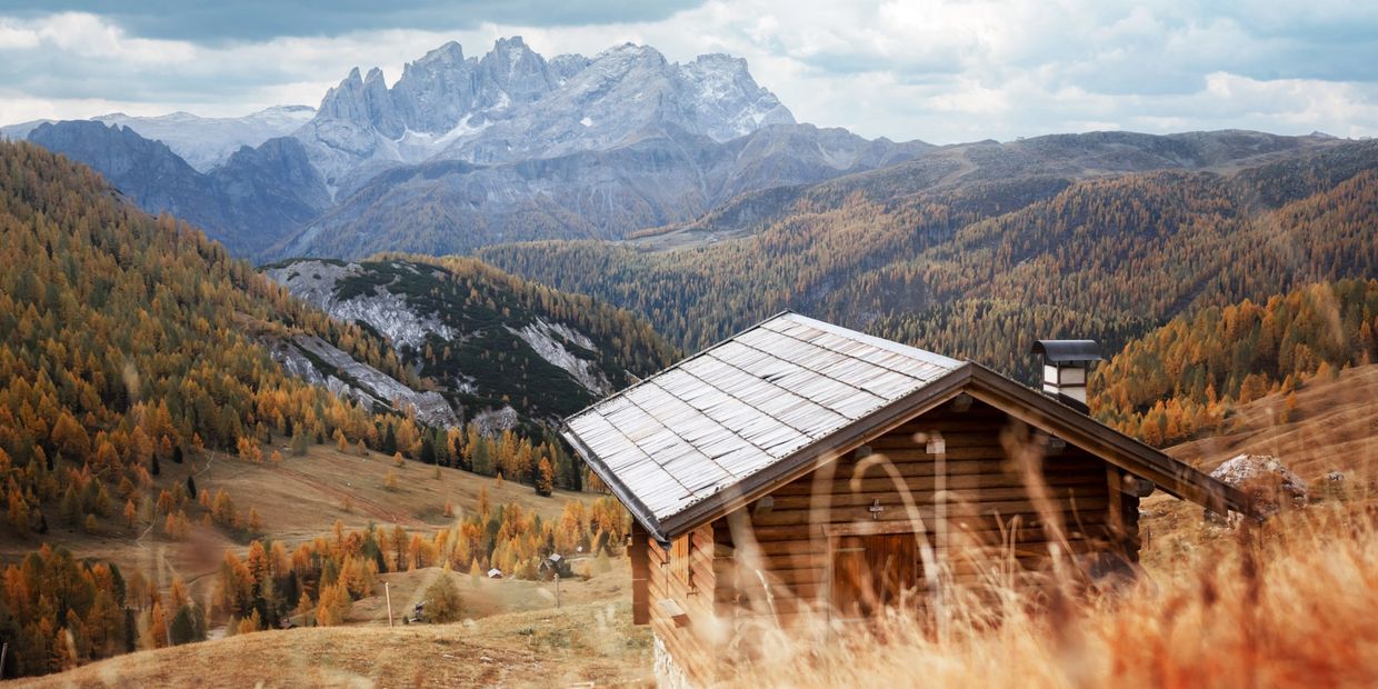 valfredda e fuciade visti da sopra con mulaz focobon e dolomiti sullo sfondo autunno larici 