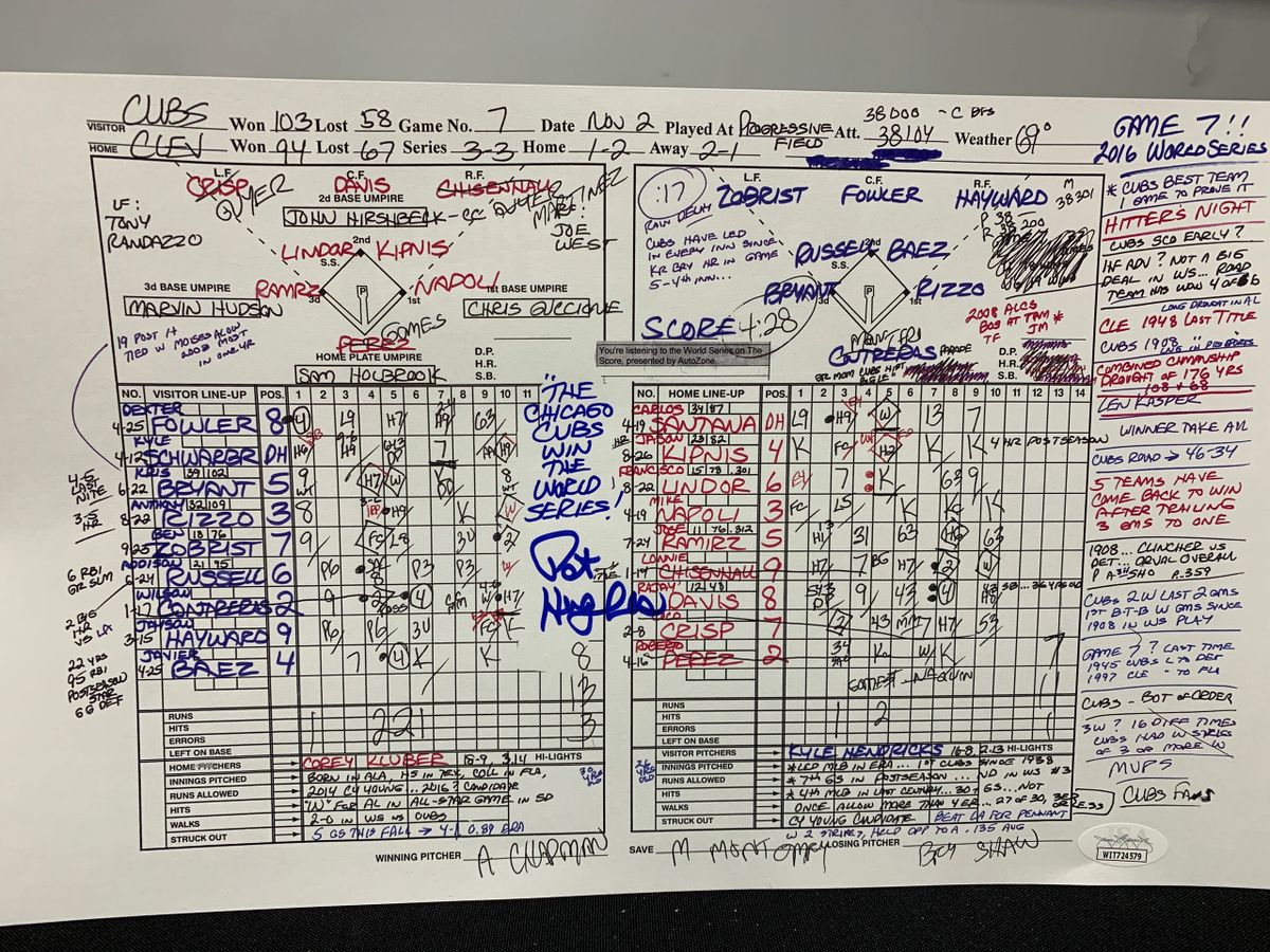 Pat Hughes Signed Replica Score sheet from Game 7 of 2016 World Series