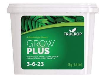 TruCrop Grow Plus plant nutrient in a 2kg container with 3-6-23 formula.