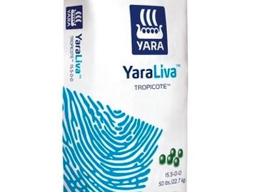 Bag of YaraLiva Tropicote fertilizer with 15-5-0-0 NPK ratio.