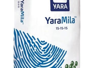 Bag of YaraMila 15-15-15 fertilizer with blue fingerprint design.