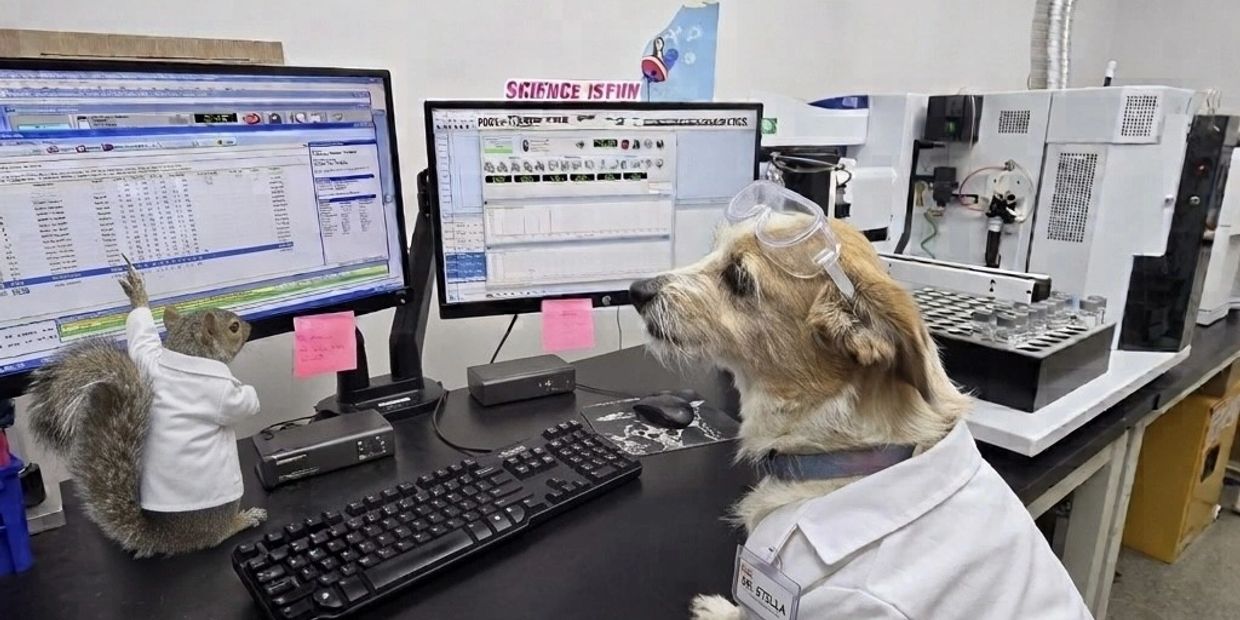 Dog and squirrel dressed as scientists in a lab.