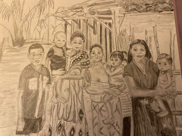Pencil sketch of a family with children in front of a rustic building.
