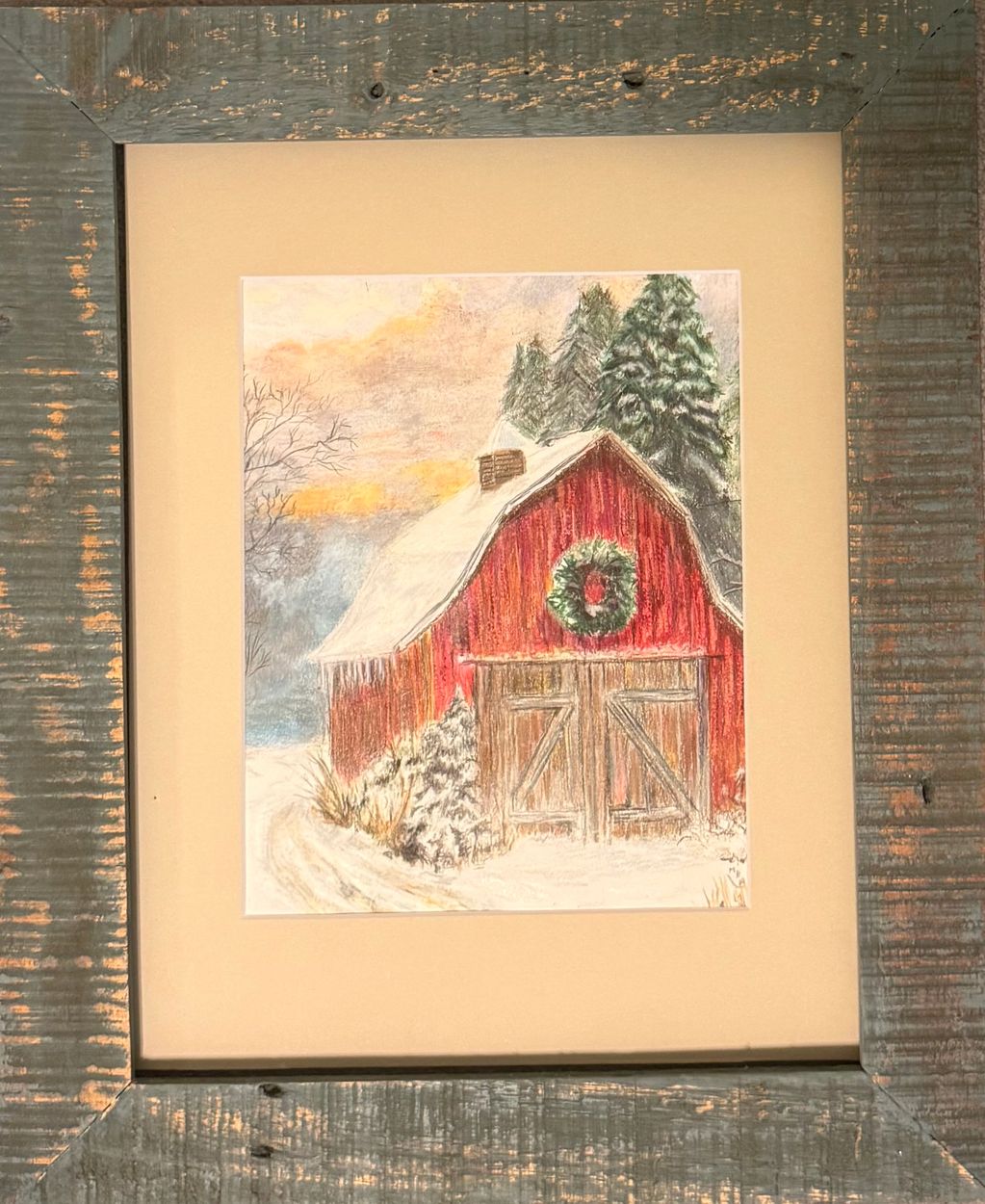 Colored pencil.  Matted 11"x12" $75
Framed 14.75" x 17.75"  $125 + postage