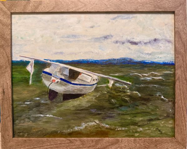 Oil painting of a small boat on a choppy sea under a cloudy sky.