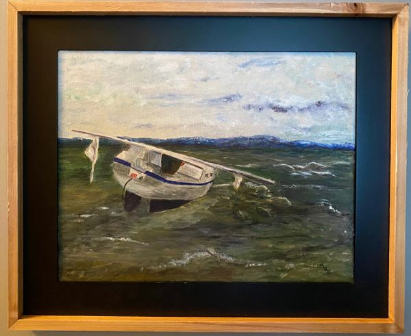 Painting of a small boat on choppy water under a cloudy sky.