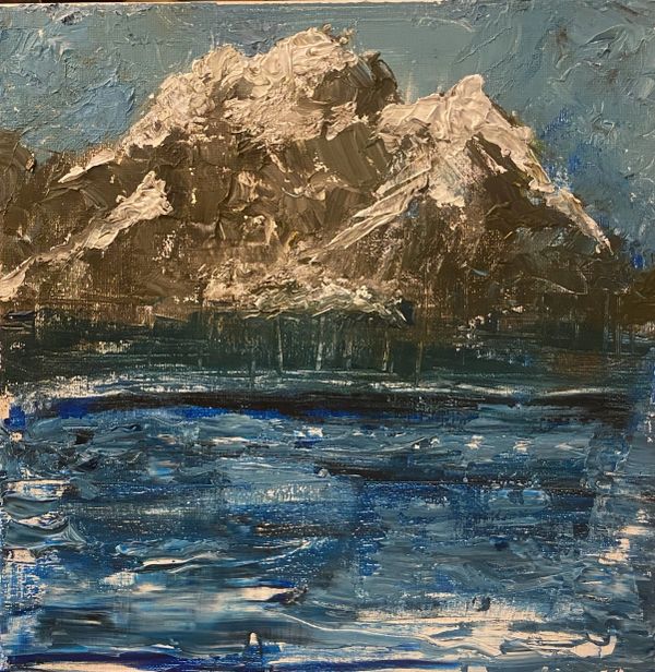 Impressionistic painting of snowy mountains over a deep blue lake.
