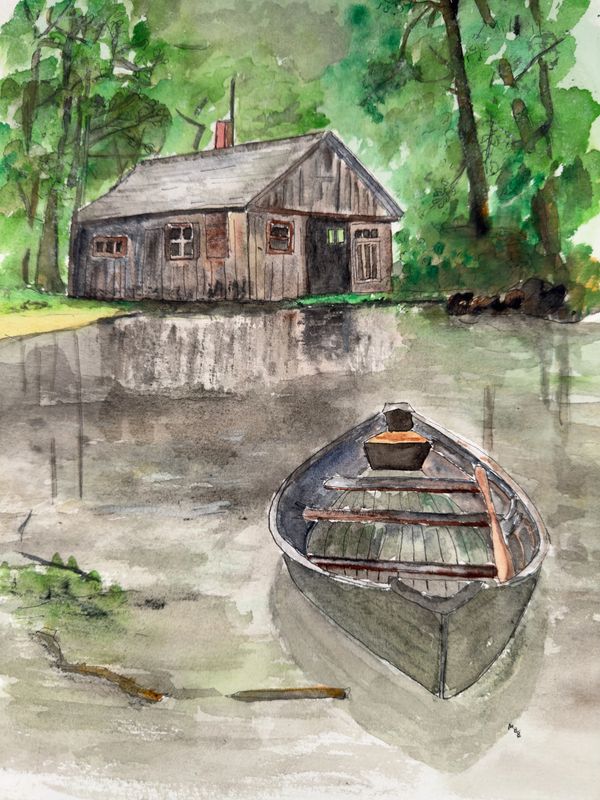 Watercolor painting of a boat on a pond near a rustic cabin in a green forest.