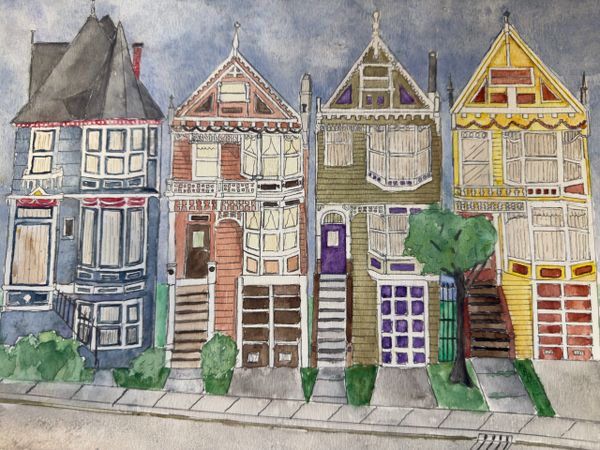 Watercolor painting of four colorful Victorian-style houses in a row.