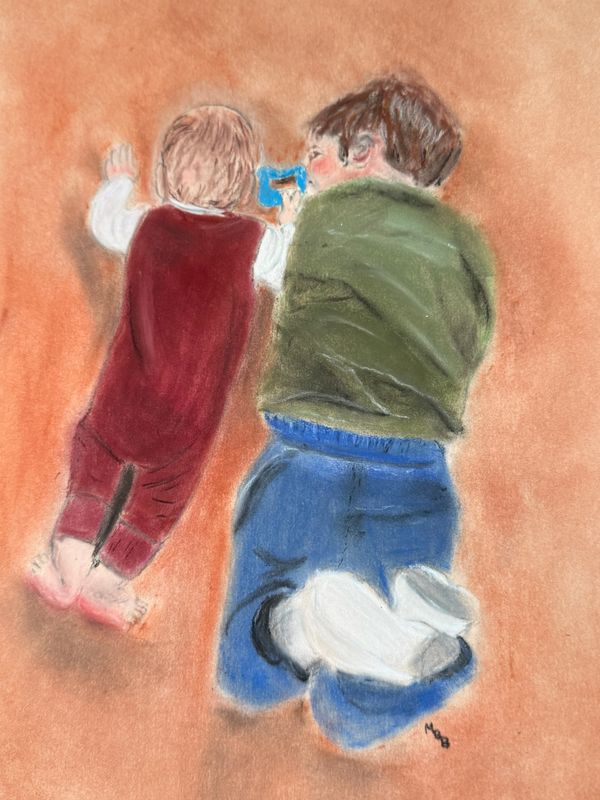 Pastel drawing of two children lying down, one in red and the other in green and blue.