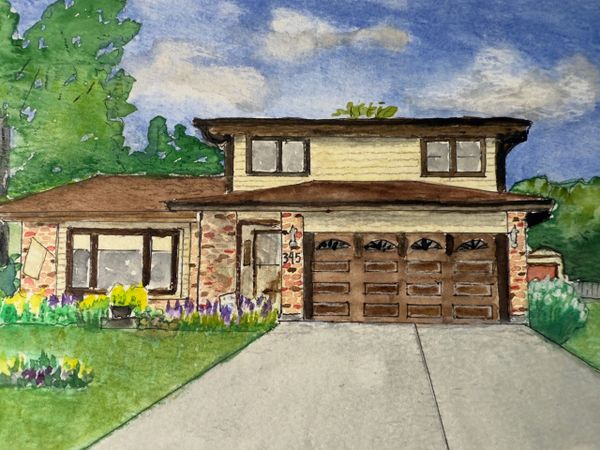 Watercolor painting of a suburban house with garden and driveway.
