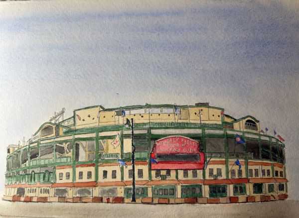 Watercolor painting of Wrigley Field, home of the Chicago Cubs.