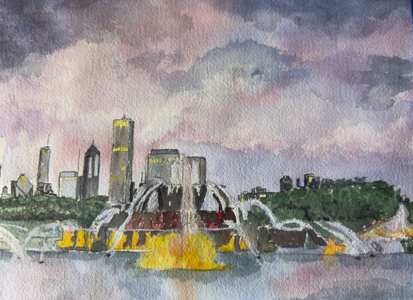 Watercolor painting of a city skyline with a lit fountain in the foreground.