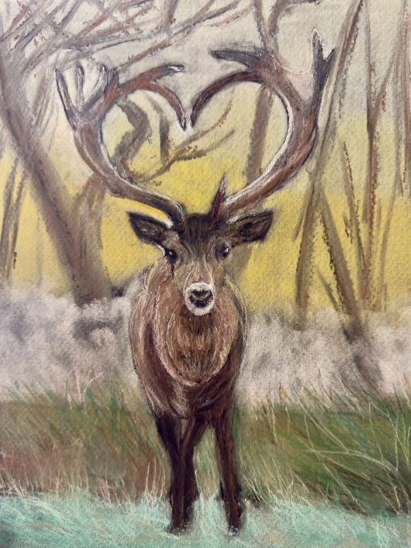 Pastel drawing of a deer with heart-shaped antlers in a forest.