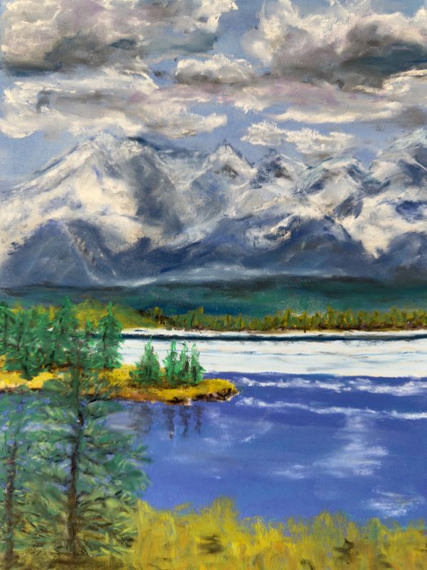 Painting of a tranquil lake with snowy mountains in the background under a cloudy sky.